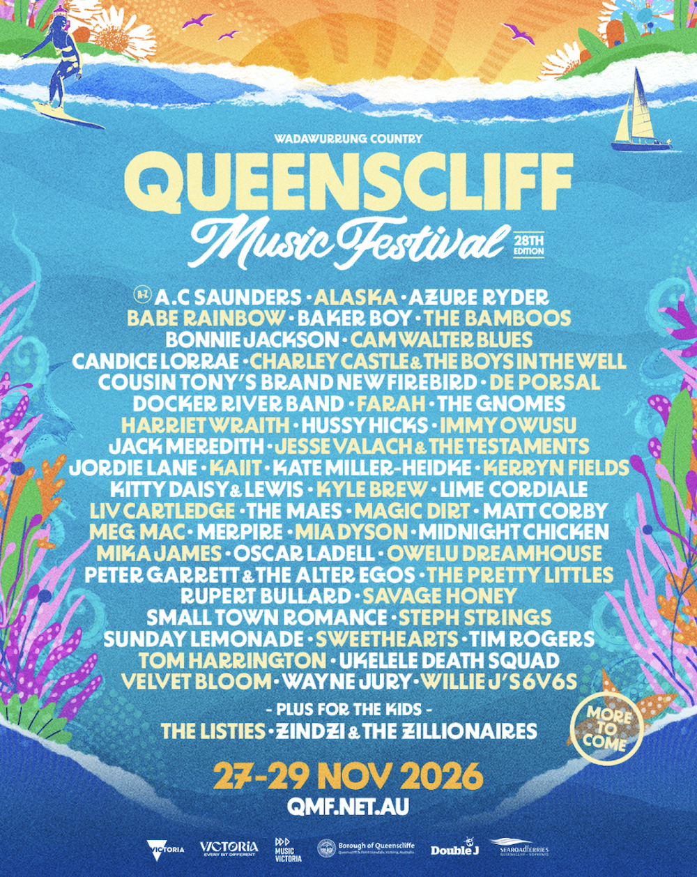 Queenscliff Music Festival 2026 poster with artist lineup, set against a colorful ocean reef background with waves and a surfer.